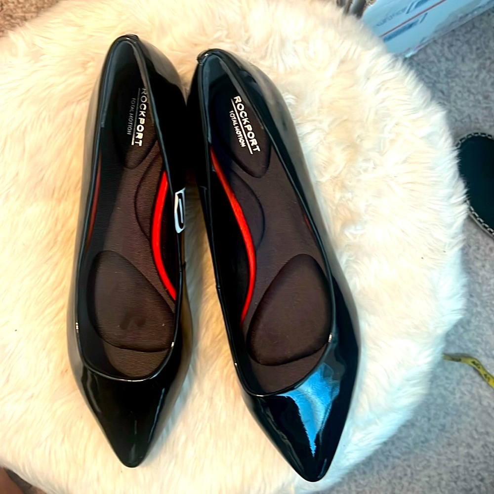 Rockport Women's Black Patent Pointed Toe Flats with Red Insole Accent